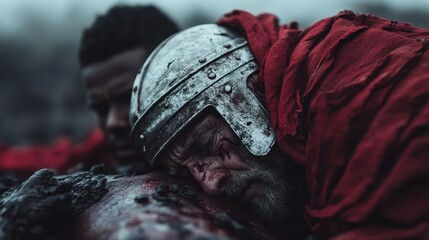 An intense scene portraying two historical warriors amidst a gloomy battlefield, capturing themes of struggle, sacrifice, and the haunting essence of human conflict and valor.