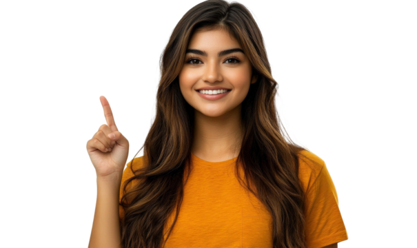 Young woman in a bright orange shirt smiling and pointing upwards, showcasing enthusiasm and positivity against a transparent background.
