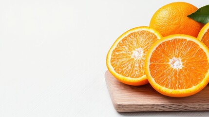 Fototapeta premium A vibrant display of fresh oranges, some whole and some sliced, showcasing the juicy and delicious fruit on a wooden cutting board with natural light highlighting them.