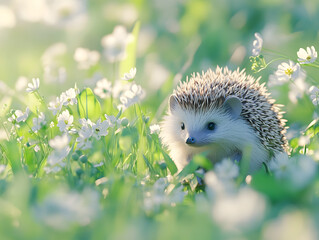 A charming hedgehog surrounded by delicate white flowers in a lush garden