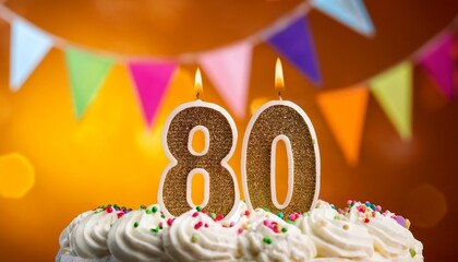 eightieth birthday cake with cream icing and lit candles in shape of 80 bright background years