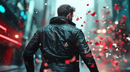 Fototapeta premium This atmospheric image portrays a mysterious man wearing a leather jacket, standing with his back towards the viewer on a rainy street, creating a sense of intrigue and suspense.