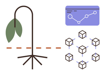 Withering plant beside growth trend graph and interconnected blocks symbolizing ecosystem breakdown and data connections. Ideal for sustainability, environment, failure, blockchain, ecology, economy