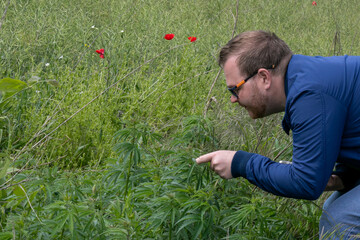 A curious Caucasian man, nature gaze, examines lush greenery, hinting at Earth Day's spirit and...