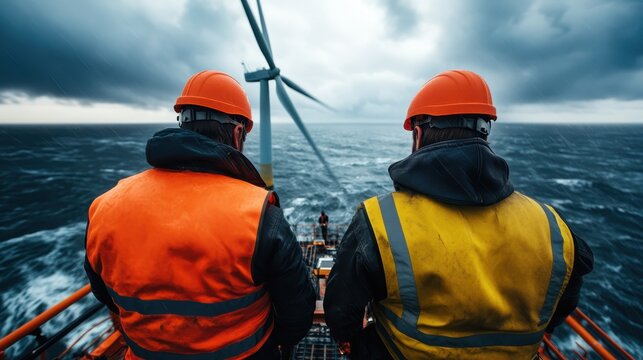 Two workers in safety gear monitor operations on an offshore wind farm, illustrating dedication to renewable energy and the teamwork essential for sustainable progress in harsh conditions.