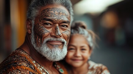 An elderly man with intricate tribal tattoos shares a warm smile with a young girl, embodying culture, family, and the beauty of generational bonds in a vibrant heritage.