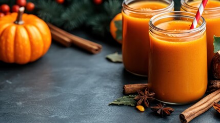 Fototapeta premium Three jars of pumpkin beverage showcase autumn flavors, garnished with cinnamon, embodying warmth and comfort during the cozy fall season and festive celebrations.