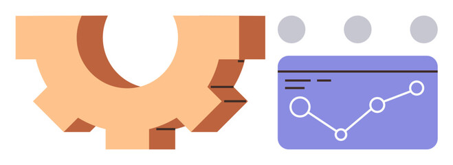Gear next to a dashboard with line graph and dots highlighting progress tracking, automation, innovation. Ideal for business process, analytics, technology, strategy, teamwork efficiency. A simple