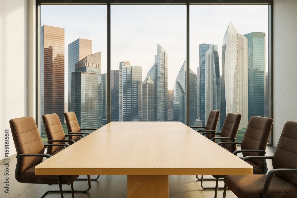 Poster modern office meeting room with large table and panoramic windows overlooking futuristic skyscrapers