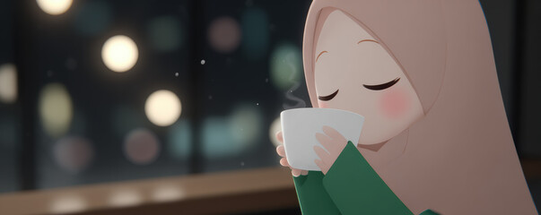 Cozy scene featuring girl wearing hijab, enjoying warm drink in cafe. atmosphere is inviting with soft bokeh lights in background, creating serene and comforting vibe