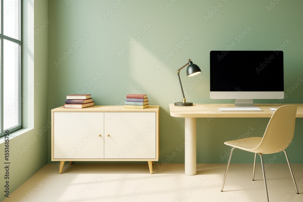 Poster modern minimalist home office interior with light wooden furniture and soft green walls in natural s