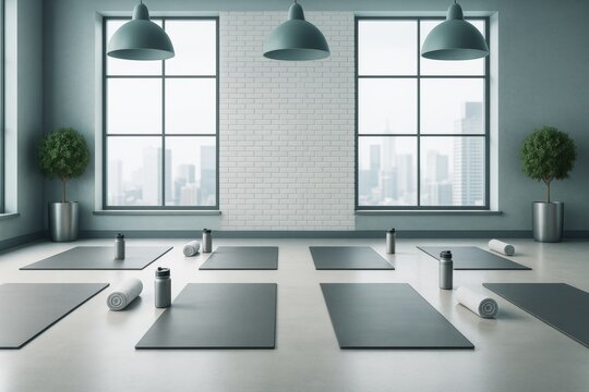Modern yoga studio interior with minimalistic design, large windows, and yoga mats arranged neatly on the floor in a bright, contemporary room.