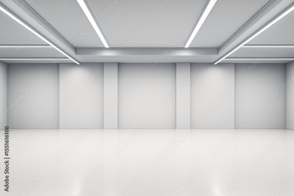 Poster empty modern white room interior with ceiling lights and blank walls for mockup or branding presenta