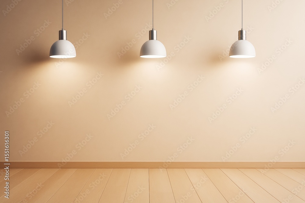 Poster modern empty interior room with wooden floor and three ceiling lamps illuminating a beige wall for b