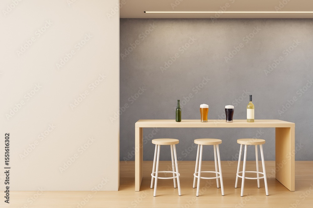 Poster modern minimalist bar interior with wooden stools and drinks on counter in contemporary room with bl