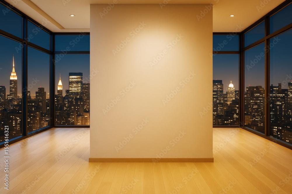 Poster modern empty room with blank wall and panoramic city view through large windows at night, ideal for 