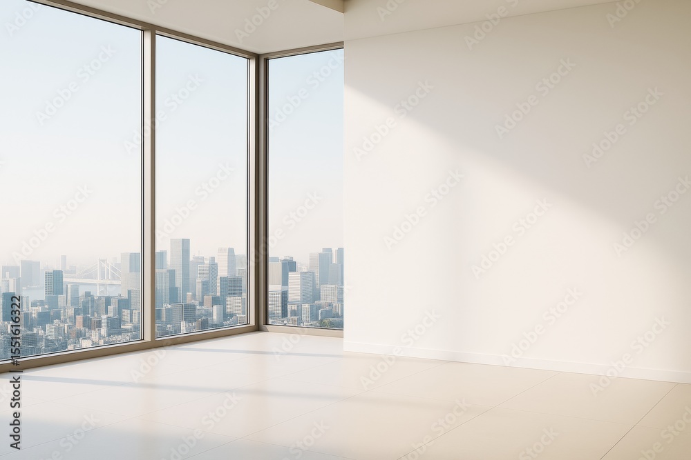 Poster bright empty modern room interior with large windows overlooking city skyline and blank wall for des
