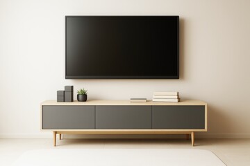 Modern minimalist living room interior with blank TV screen and contemporary cabinet on light wall background for branding and design mockup concept.