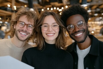 Fototapeta premium A diverse group of business professionals collaborate on a project plan in an office meeting space, utilizing a digital tablet to facilitate communication while seated and standing around a work