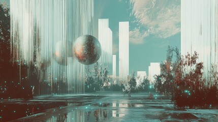 Hyper realistic 3d render Futuristic Cityscape: Digital Rain and Celestial Spheres AI Generative