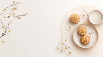 the image showcases a bright, overhead composition featuring a selection of floral pastries arranged with delicate blossoms