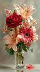 Vibrant floral arrangement in a glass vase displaying roses and lilies during early spring