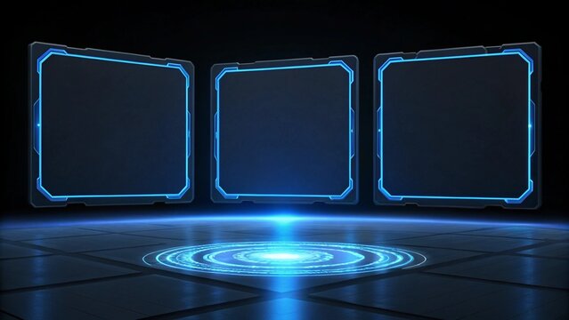 Futuristic sci fi digital display panels with blue neon lights on a platform