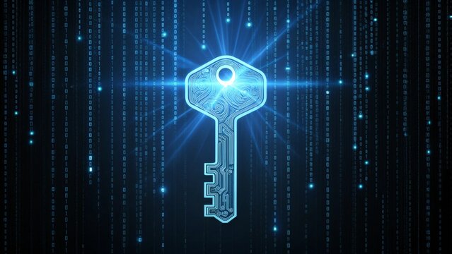 Digital key glowing in a matrix of blue binary code data stream