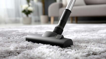 Vacuum cleaner cleaning a plush carpet in a cozy living room setting