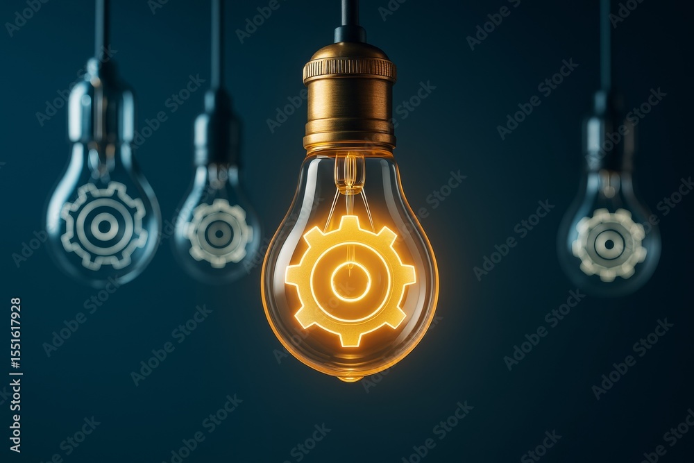 Poster glowing light bulb with gear symbol representing innovation and process optimization on dark backgro