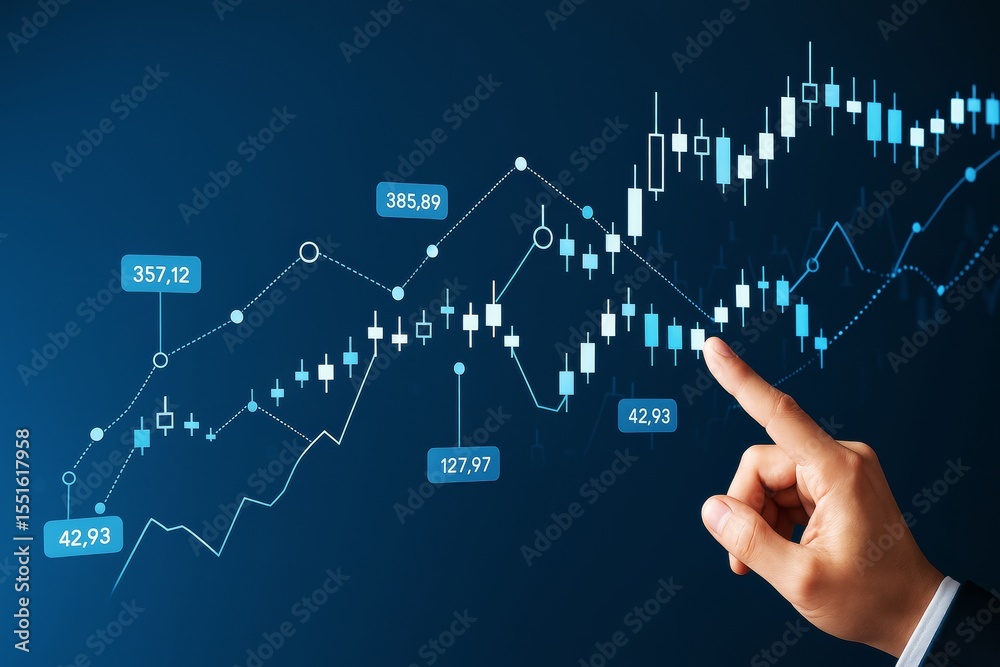 Poster Businessman's hand analyzing financial stock chart on blue background with glowing light elements and data-driven trading concept interface.