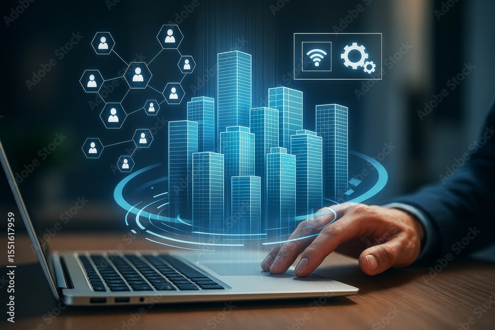 Poster smart city infrastructure network concept with digital buildings and connected icons emerging from l