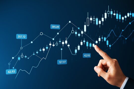 Businessman's hand analyzing financial stock chart on blue background with glowing light elements and data-driven trading concept interface.