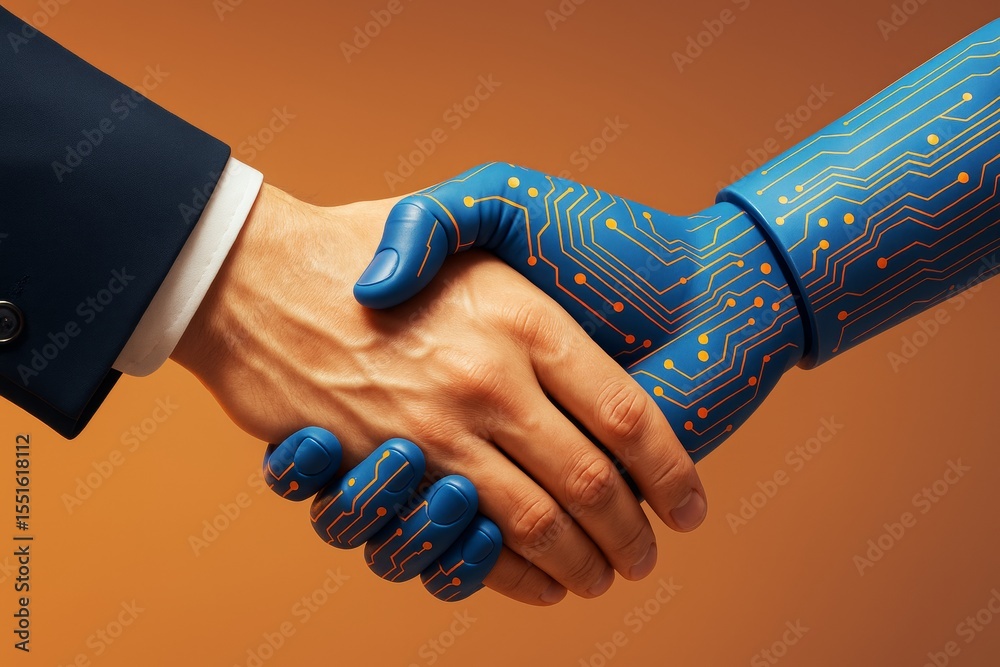 Poster human and robotic hand shaking symbolizing business partnership and technological collaboration on o