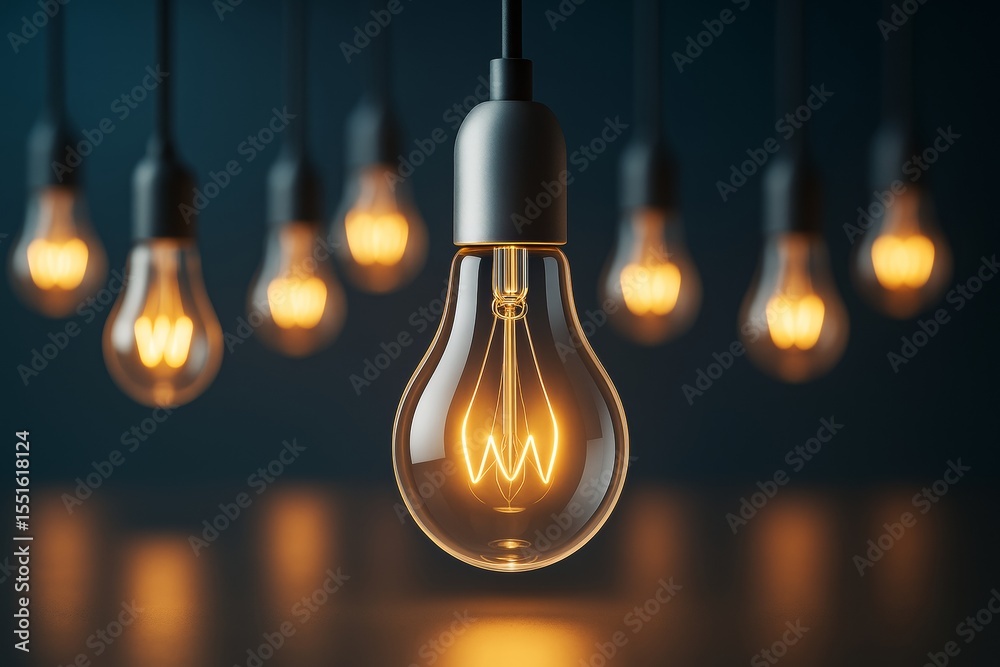 Poster glowing hanging light bulbs in a dark room with bokeh background symbolizing creativity and innovati