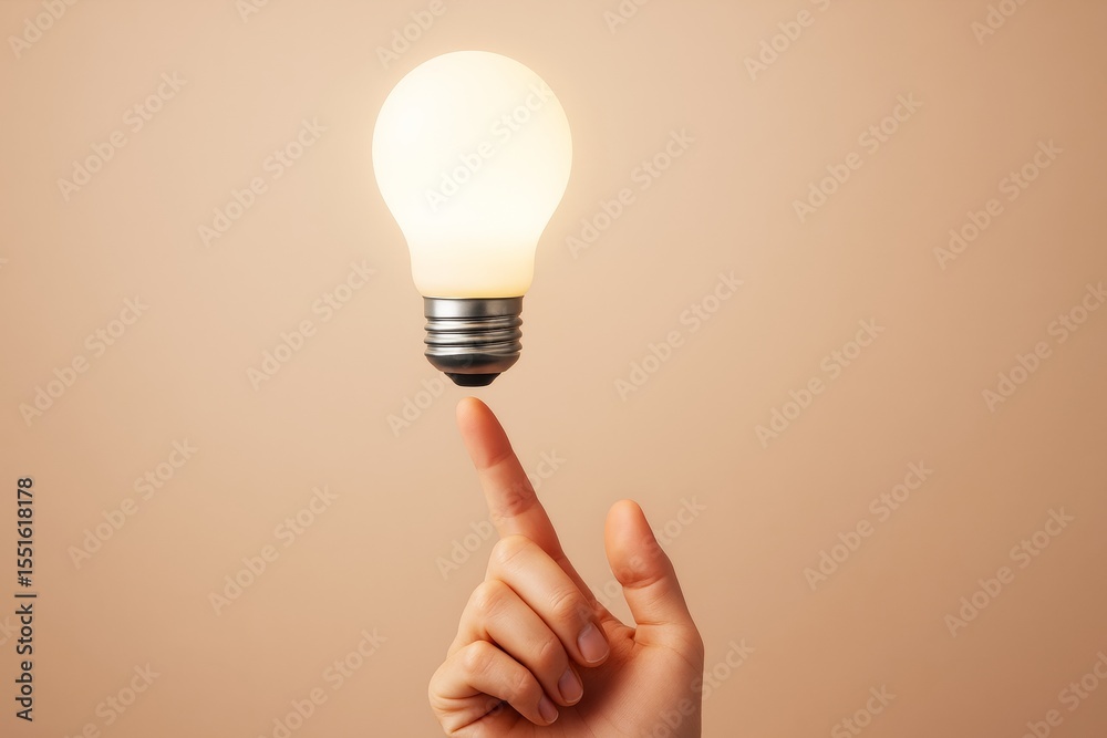 Poster glowing light bulb balanced on a finger against beige background symbolizing creativity and innovati