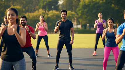 Asian trainer leading an energetic outdoor fitness session in the park
