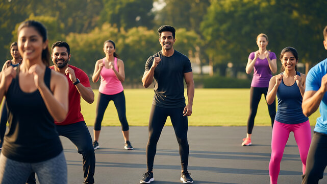 Asian trainer leading an energetic outdoor fitness session in the park