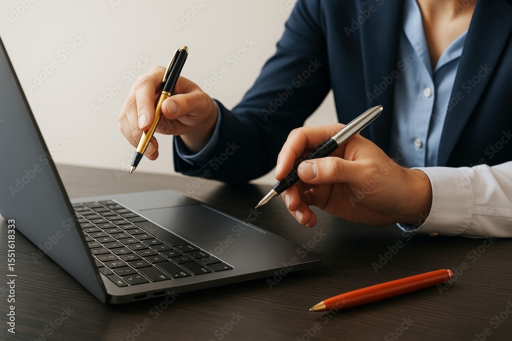 Poster close-up of business professionals using pens to discuss content on laptop during meeting on dark de