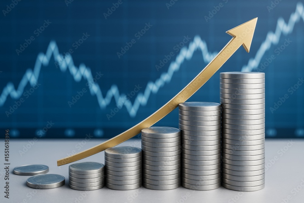 Aufkleber Stacks of silver coins forming a rising graph with golden arrow on light surface and stock chart background representing business growth concept.