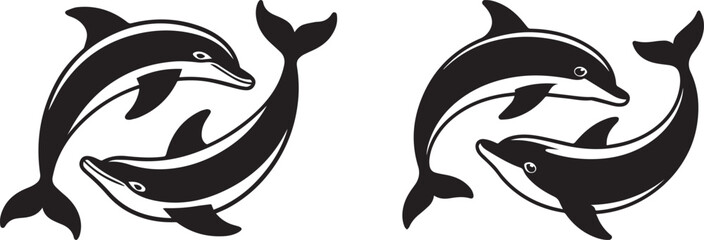 Dolphins Silhouette Set in Playful Swimming Pose with Elegant Curves