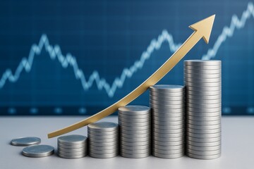 Stacks of silver coins forming a rising graph with golden arrow on light surface and stock chart background representing business growth concept.