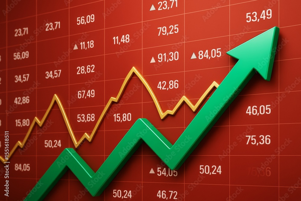 Poster Green arrow and gold graph line showing upward stock price growth on red financial background with numbers and charts in business concept.