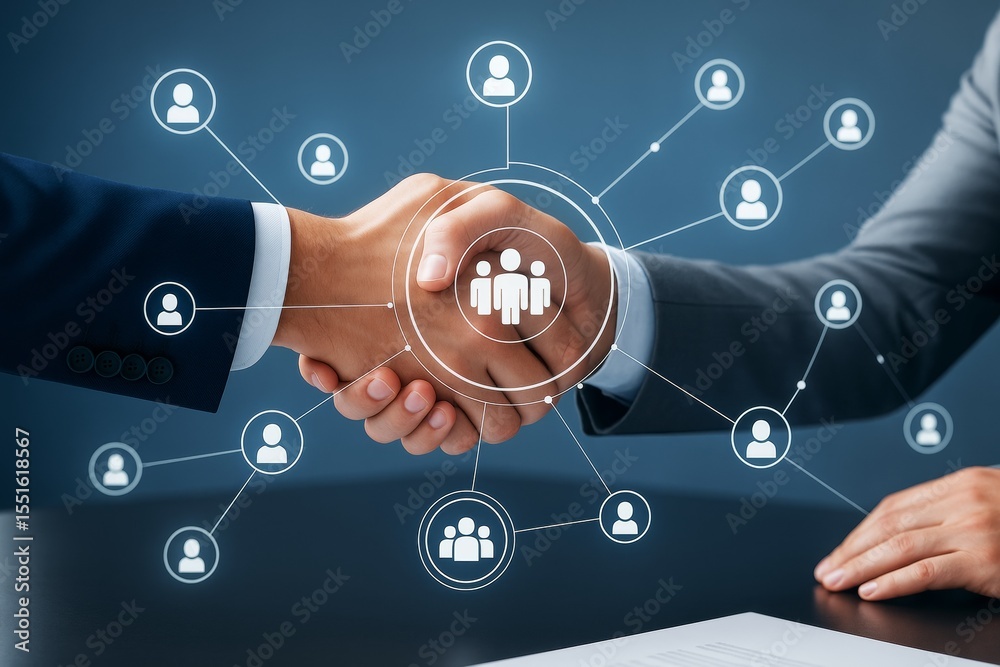 Poster business handshake with digital network of people icons representing partnership and collaboration o