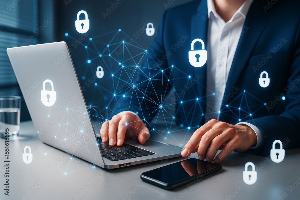 Poster cybersecurity concept with businessman working on laptop and smartphone, abstract network connection