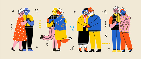 Cute elderly couples. Happy seniors together. Old men and women, spouses. Vector doodle cartoon illustration in flat style