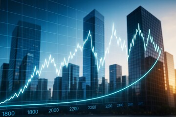 Financial growth chart with glowing line graph overlay on city skyscrapers at sunset, representing business success and economic progress.