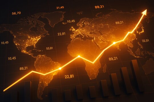 Glowing orange global business growth chart with rising arrow over world map background illustrating economic data and market success concept.