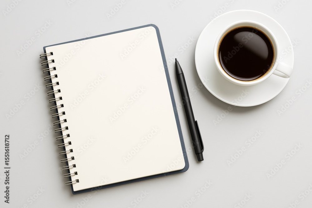 Poster blank spiral notebook with black pen and coffee cup on light background, clean business mockup with 
