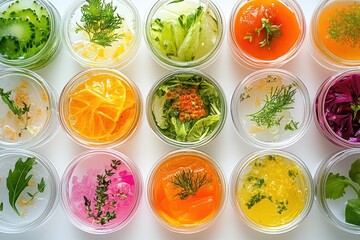Colorful fresh ingredients in round glass bowls are displayed on white. Show wellness, healthy eating, gourmet cuisine, or vegan diets concept.